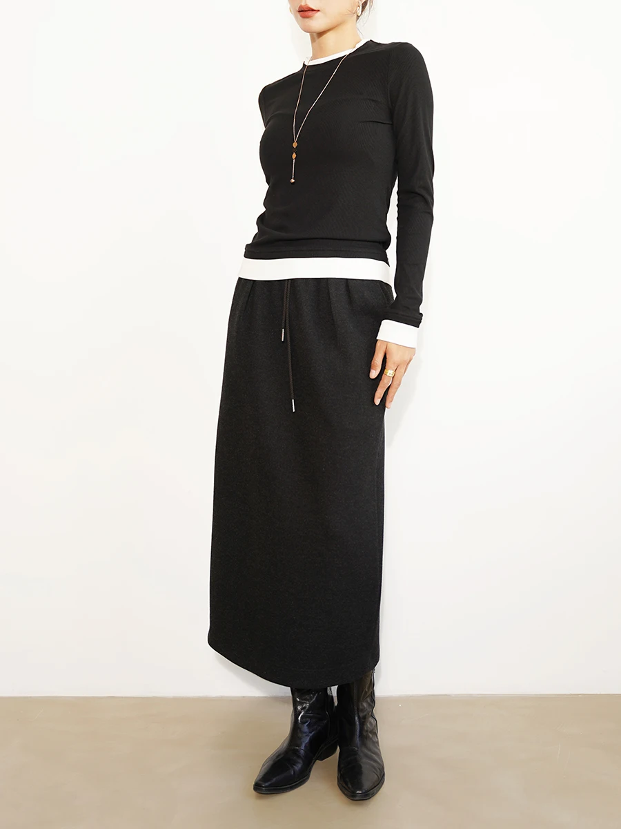 

Casual Thiened Woolen f-length Skirt H-pe Long Dr Straight Cut Warm Drapey Midi Skirt for Women Commute Pure Color