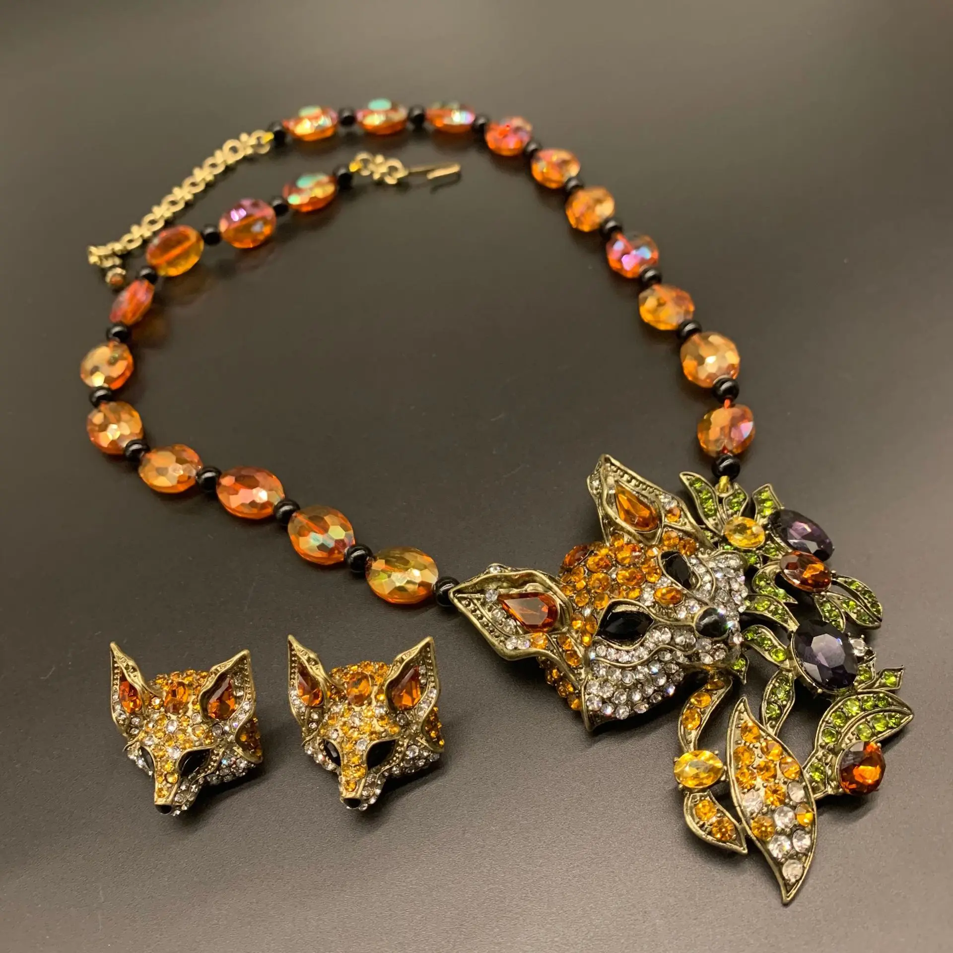 Luxury Vintage Cute Fox Glass Necklace Earrings Animal Unique Design Rhinestones Jewelry Set For Women Party