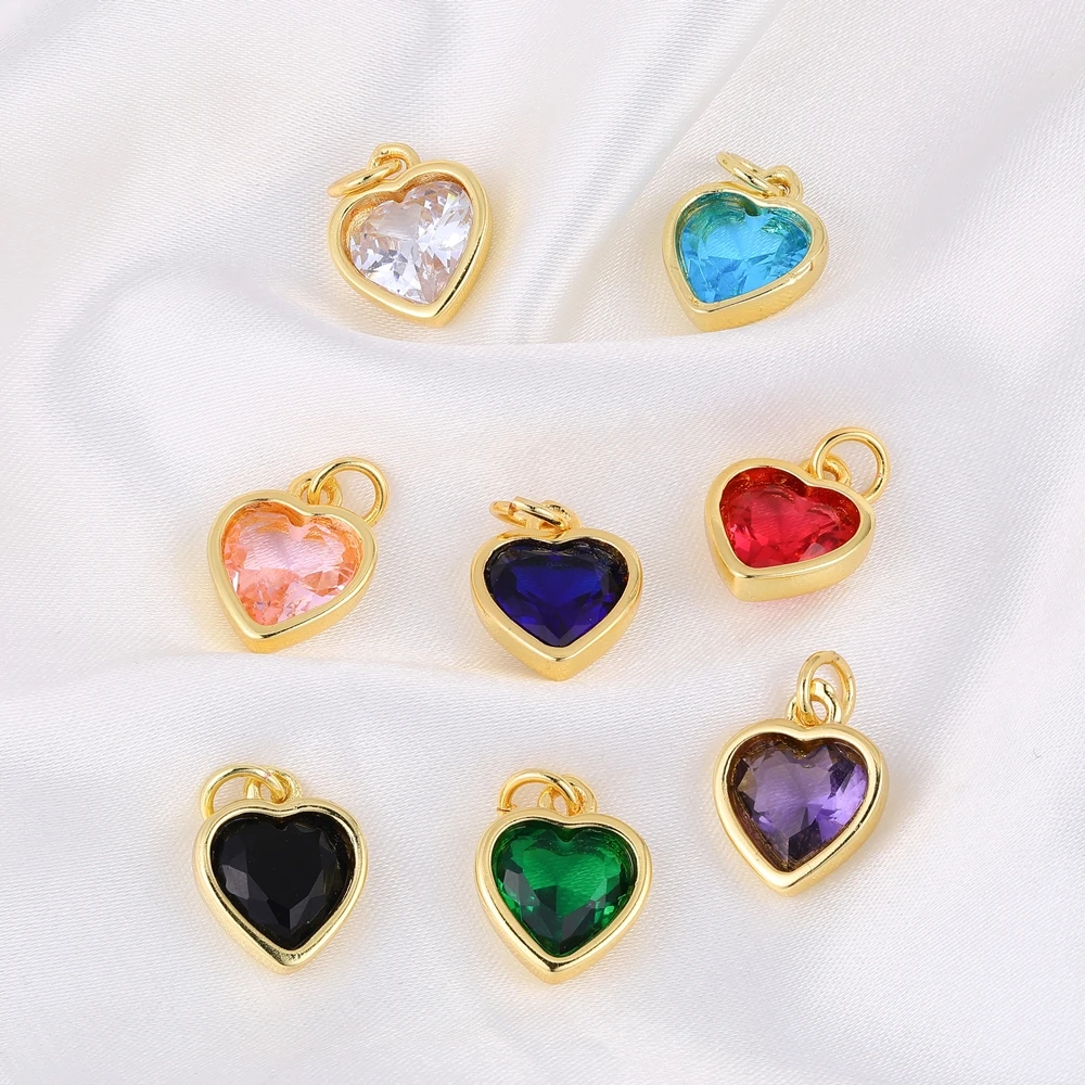 Juya 8 Pcs/Lot 18K Real Gold Plated Colorful Crystals Love Heart Birthstone Charms For DIY Women Fashion Birthday Jewelry Making