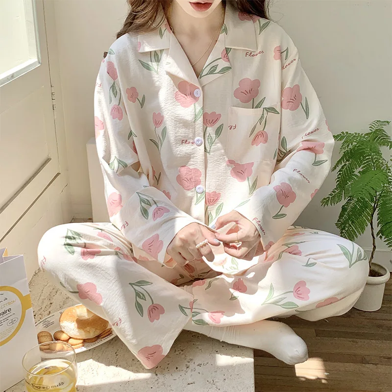 New pajamas female spring and fall clouds cotton lapel cardigan college style long-sleeved loose sweet and cute homewear suit