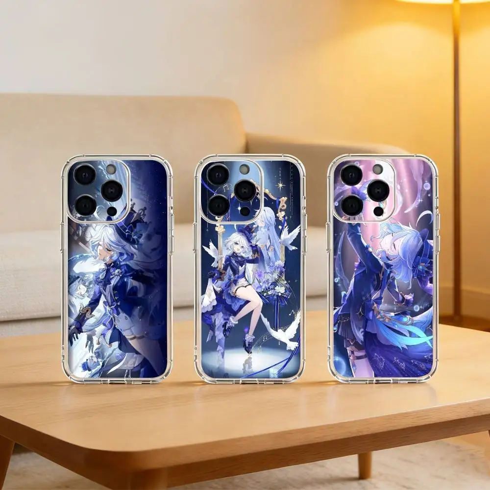 

G-Genshin Impact F-Furina Phone Case For iPhone 17 16 15 14 13 12 11 Mini Pro Max Plus Transparent Cover