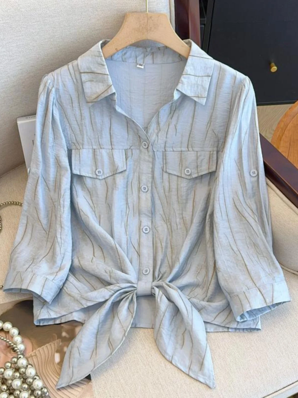 

Spring New Sle Women's ort Loose irt Tee-Quarter Sve Faionable Anti-Uv Korean Version Collar Striped Top