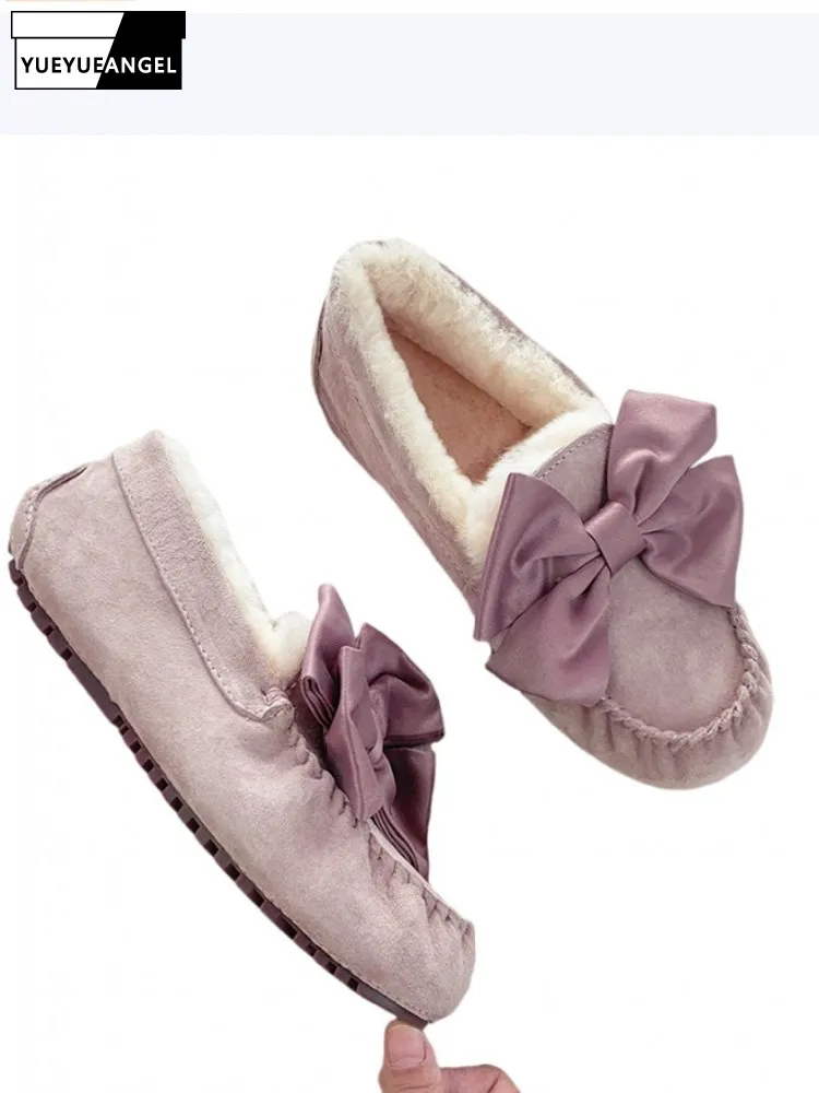 Women Winter Thick Warm Pigskin Flats Bowknot Short Plush Lining Slip-On Loafers Round Toe Shallow Shoes Hot Sale Sweet Footwear