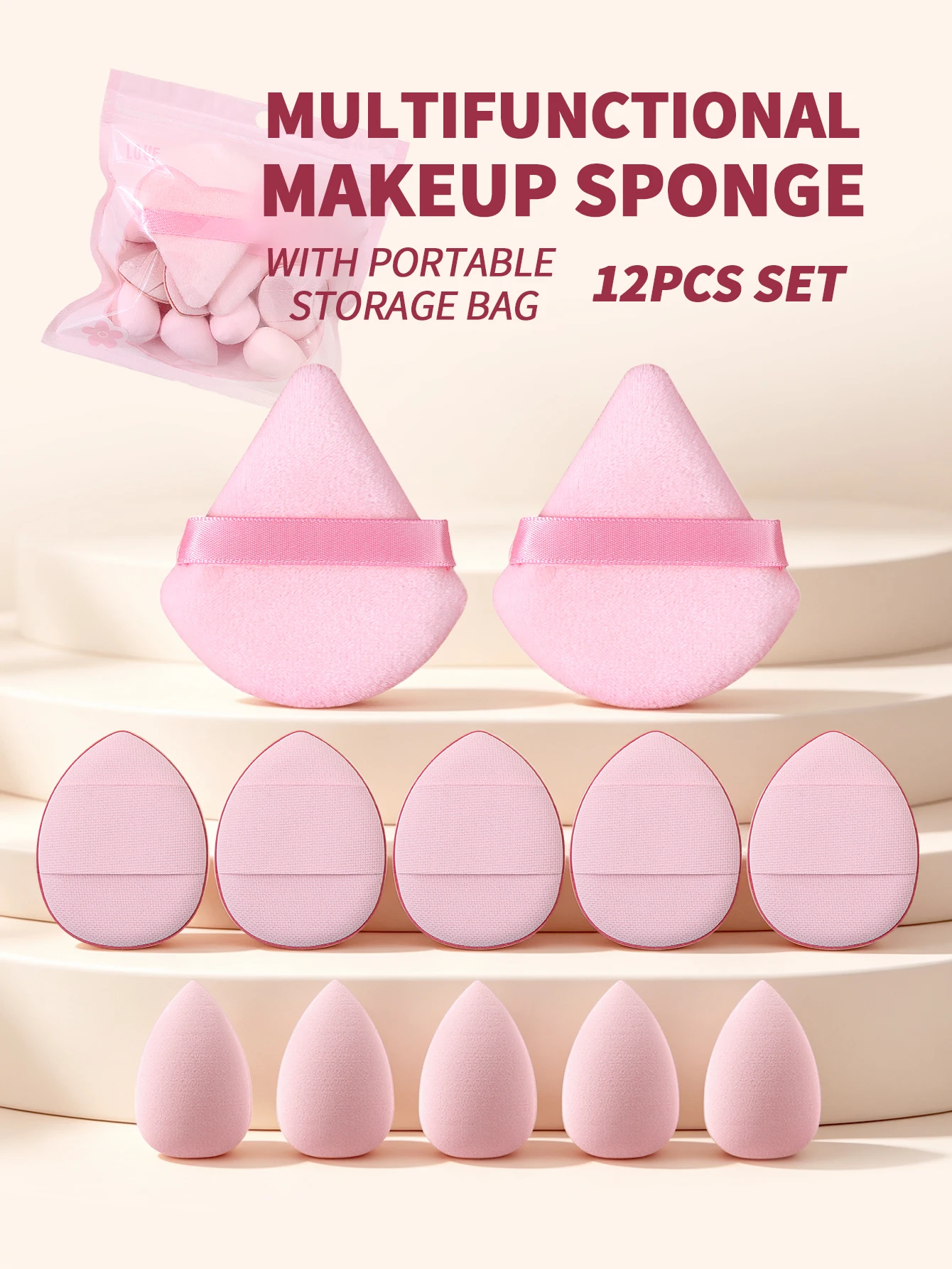 12Piece All-Purpose Makeup Sponge Set, Made of 2 Loose Powder Puffs, 5 Mini Air Cushion Puffs, 5 Beauty Eggs Essential for Trave