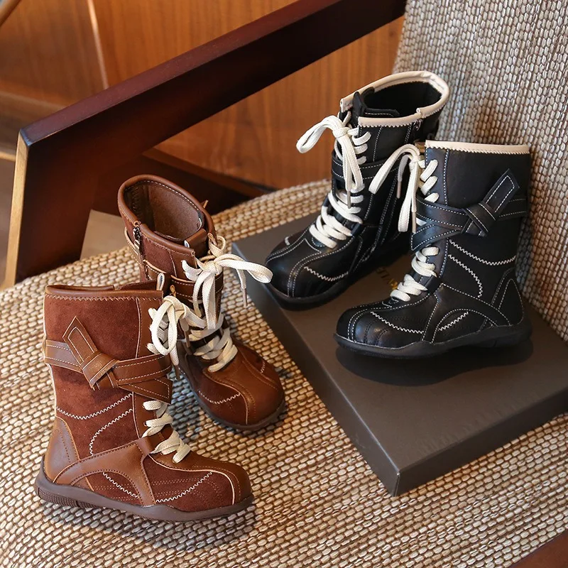 

Luxury Vintage Children Boots Kids 2026 Autumn Boxing Frosted Leather Mid Calf Ankle Boots High Quality Toddler Casual Shoes