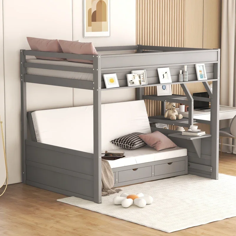 Wood bed Full Size Convertible Bunk Bed with Storage Staircase, Bedside Table, and 3 Drawers, Suitable for Bedrooms, Gray/White