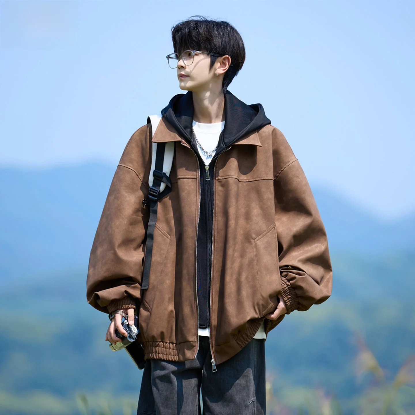 

Men's PU Leather Jaet Coat Hooded Casual Sle American Retro Brand Youth Fake Two-Piece Autumn Winter Faion Outerwear