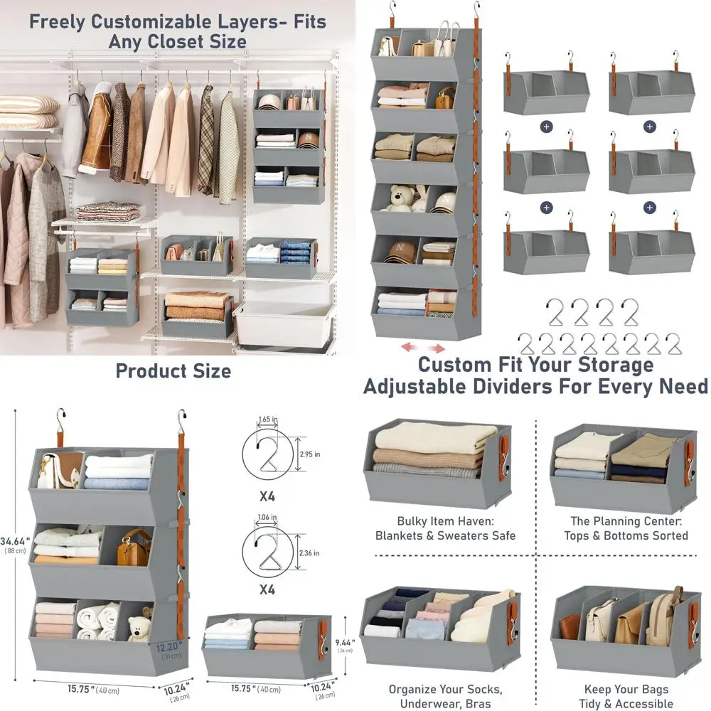 

Очень большой подвесной органайзер для шкафа с полками и разделителями для одежды, тканевые контейнеры для хранения, идеально подходят для дома, общежития и автодома