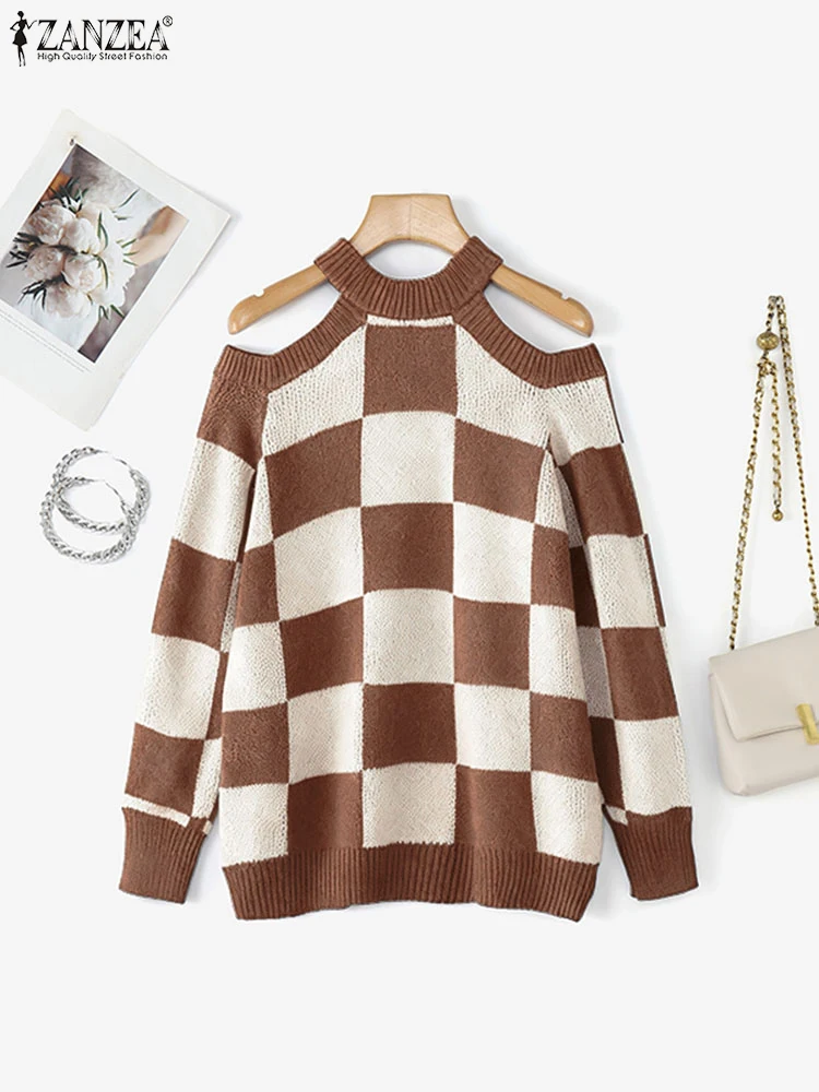 ZANZEA Sexy Spalla Fredda Plaid Pullover Maglioni Donna Autunno Manica Lunga Stampa Maglione Maglieria 2025 Inverno Casual Top lavorato a maglia