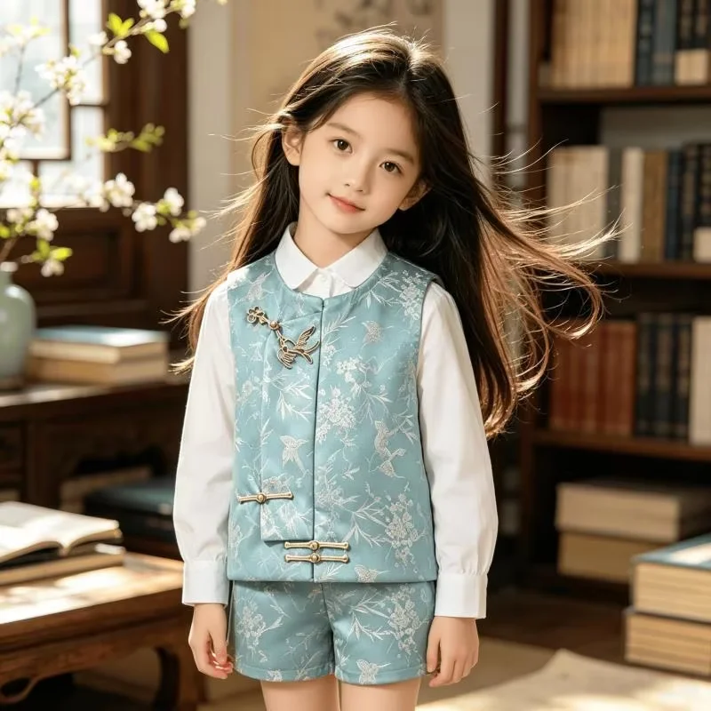 2026 New Children's Chinese Vest Set Fashion New Boys' and Girls' Plate Buckle Vest+Shirt+Shorts 3-Piece Set