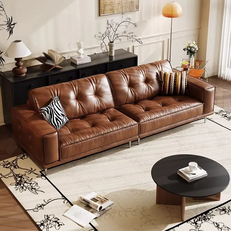 Medieval style tofu block sofa French retro oil wax leather sofa small apartment inline sofa