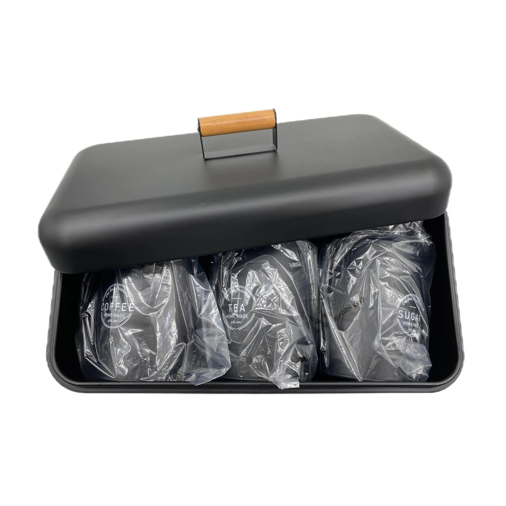 

Хлебная коробка с тремя подходящими канистрами для кофе, чая и сахара для хранения хлеба, выпечки, кексов, сухих продуктов в кухонной столешнице