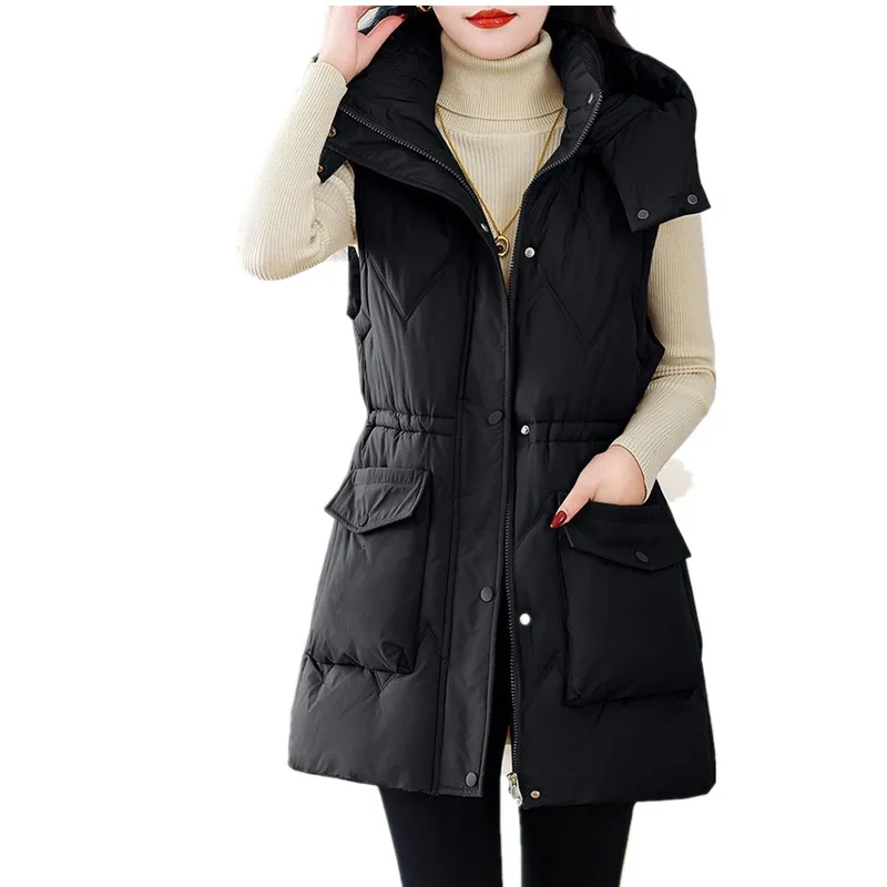 

Женский съемный пуховый хлопковый жилет с капюшоном, осень-зима 2025, новая мода, тонкий жилет средней длины, женская куртка без рукавов W1170