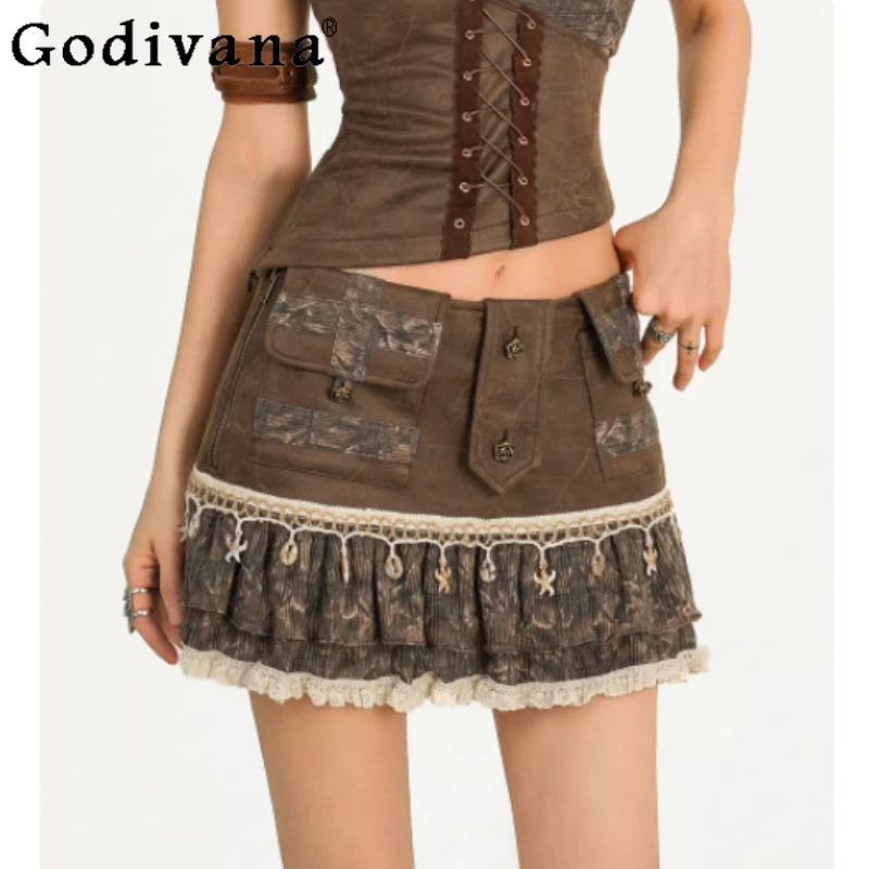 

Spring Summer New Punk Sexy Retro Unique Splicing A-line Skirts Personalized Lace Women Fashion Versatile Street Pleated Skirts