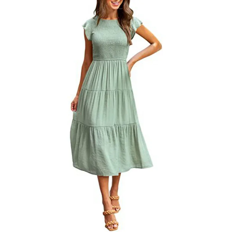 ผู้หญิงยุโรปอเมริกันที่ขายดีที่สุดกระพือแขน Smocked ฉัตรแขนสั้น Flared Dress