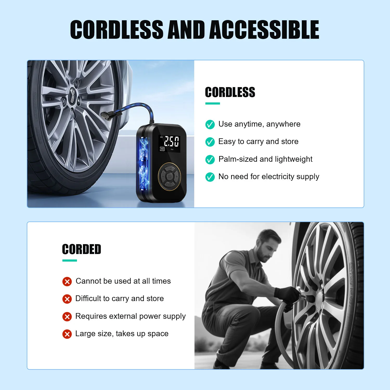 BELIBUY プロフェッショナルタイヤインフレーター（Kpa表示付き）、車、自転車、ボール、マットレス用のポータブル電動エアコンプレッサー