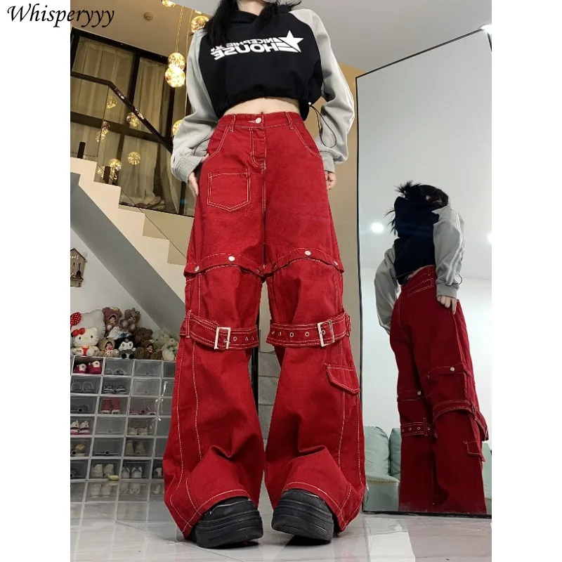 

Jeans Women Harajuku High Waist Thin Loose Wide Leg Trousers Female Streetwear Spring Autumn Vintage Casual Red Baggy Pants