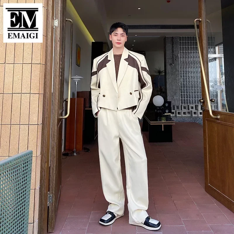 

Men's 2 Pieces Suits Sets Short Suit Coat Pants Male Korean Streetwear Fashion Vintage Loose Casual Blazer Jacket Wide Leg Pant