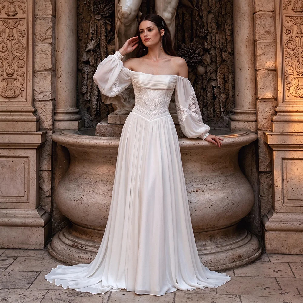 Long Bishop Sleeves Off Shoulder Boho Wedding Dress Customized Ivory Ruched Chiffon Basque Waist Lace A Line Bridal Gowns