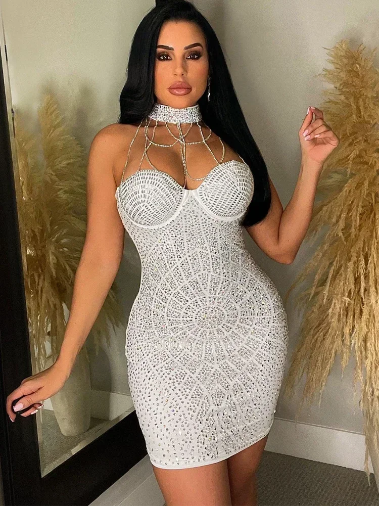 GUWU-Mini Robe de Soirée Luxueuse à Bretelles en Diamant, Tenue en Maille Transparente, avec Pompon, pour Anniversaire, Club, Slim, Sexy, Éducative