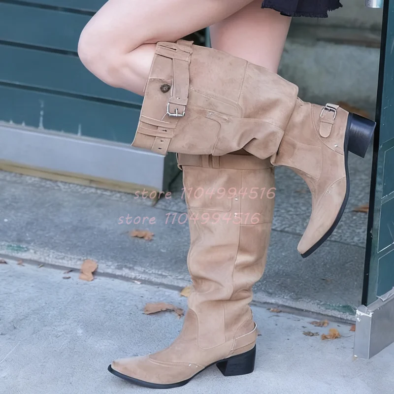 جلد أسود كعب مكتنز مطوي حذاء برقبة للركبة النساء البني الجلد المدبوغ الأحذية الغربية موضة خمر وأشار الانزلاق على أحذية الحفلات