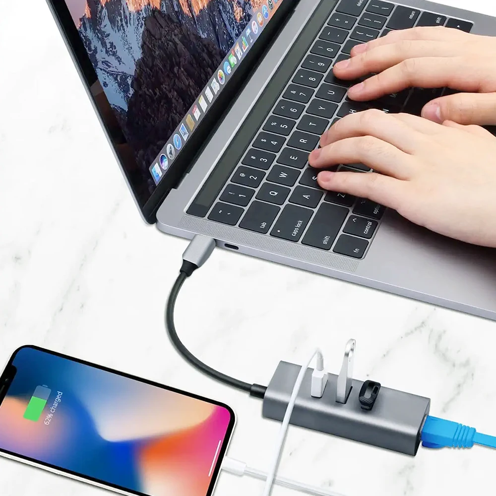 USB C Ethernet for Mac iOS Android PC RTL8153 USB 3.0 HUB with 3 Port USB HUB 3.0 RJ45 Lan Network Card USB to Ethernet Adapter