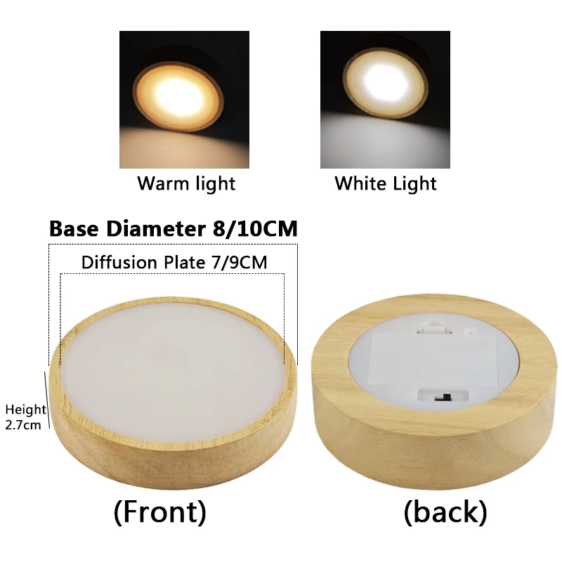 Round Diffusion Plate LED Light Base Battery-Powered Wooden Night Light; Cocktail Glass Coaster USB Mood Crystal Lamp Base Light