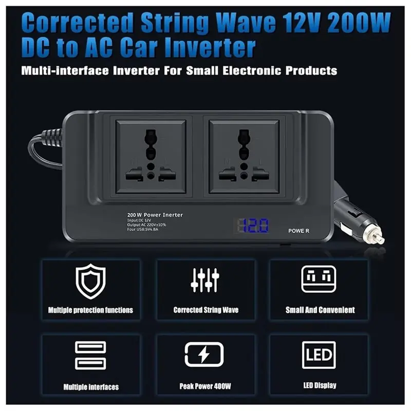 ABOK-Universal 200W LED Pure Sine Wave Car Power Bank Battery Converter DC To AC Current Inverter Car Charger Auto Inverter