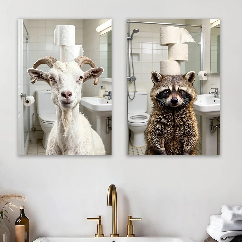 1pc frameless Canvas Painting Giraffe with Toilet Paper Roll on Head Print Funny Bathroom Wall Art Poster Vintage Animal Canvas