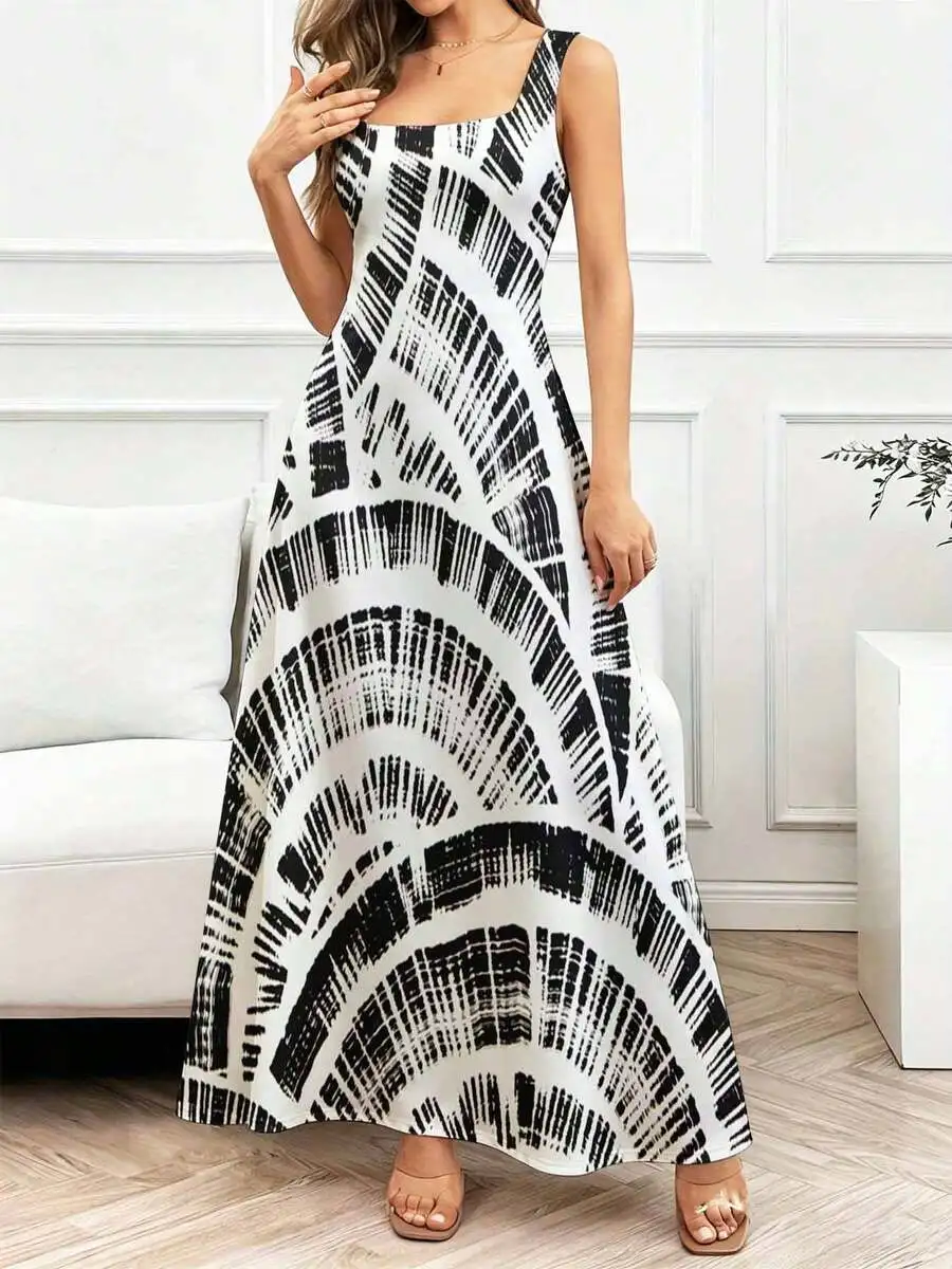 

Square Neck Sleeveless Maxi Dress Abstract Black White Print Flowy A-Line Casual Women