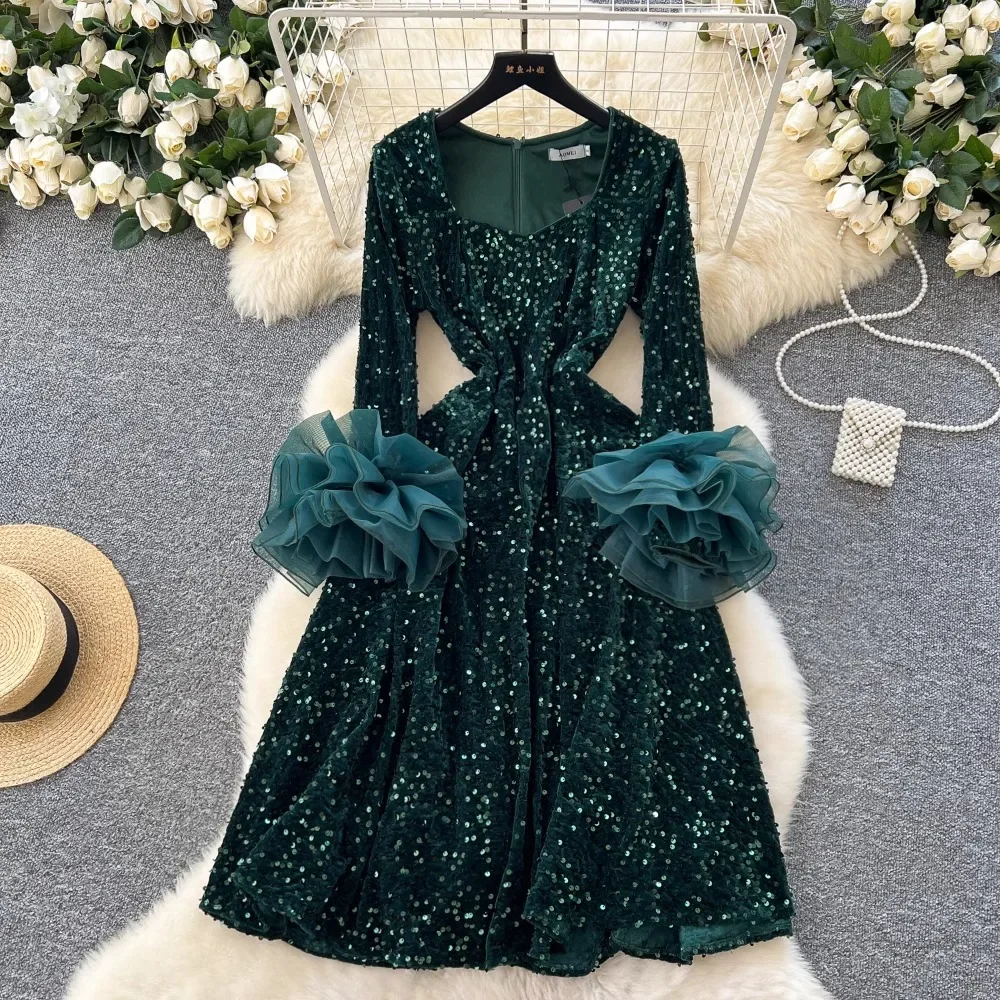 Elegant 3D Floral Long Sleeves Square Collar Chic Sequin Slim Long Dresses Evening High Street Autumn Plus Size Velour Clothing