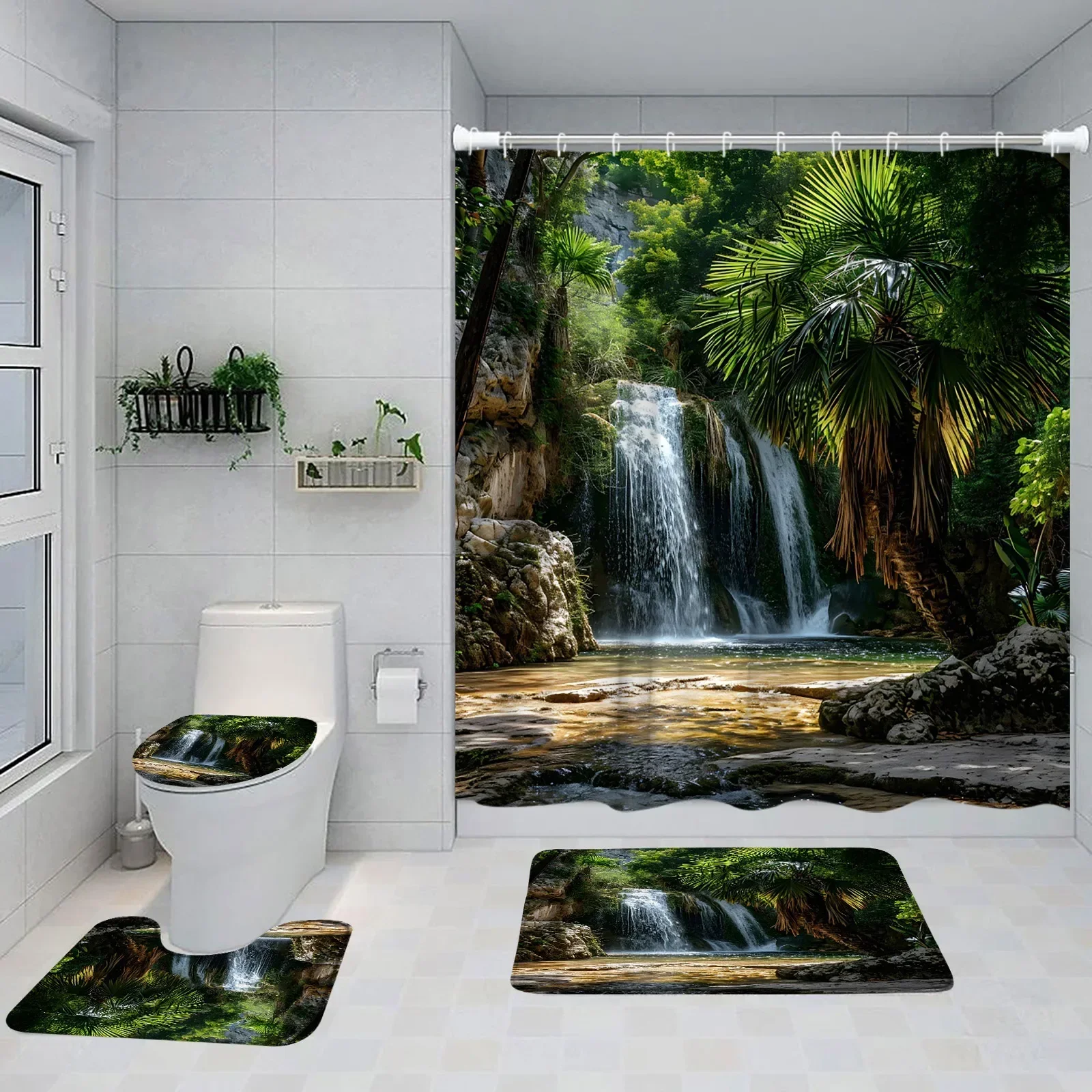 Forest Nature Shower Curtain Set Waterfall Stream Falling Leaf Natural Scenery Bath Decor Landscape Bathtub Rug Toilet Lid Cover