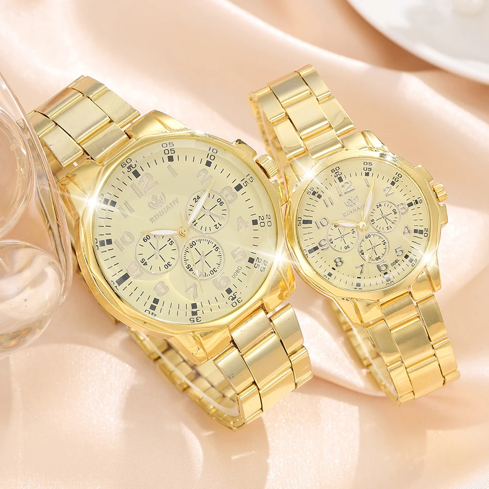 2 Piece Set Of Fashionable Simple Gold Exquisite Temperament Couple Watch, Fashionable Alloy Strap Quartz Watch