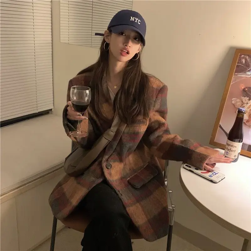 

Women's Checkered Pattern Retro Suit Autumn Winter Loose Thin Jacket Female Long Sleeved Outerwear Coat 2000s Oversize Tops