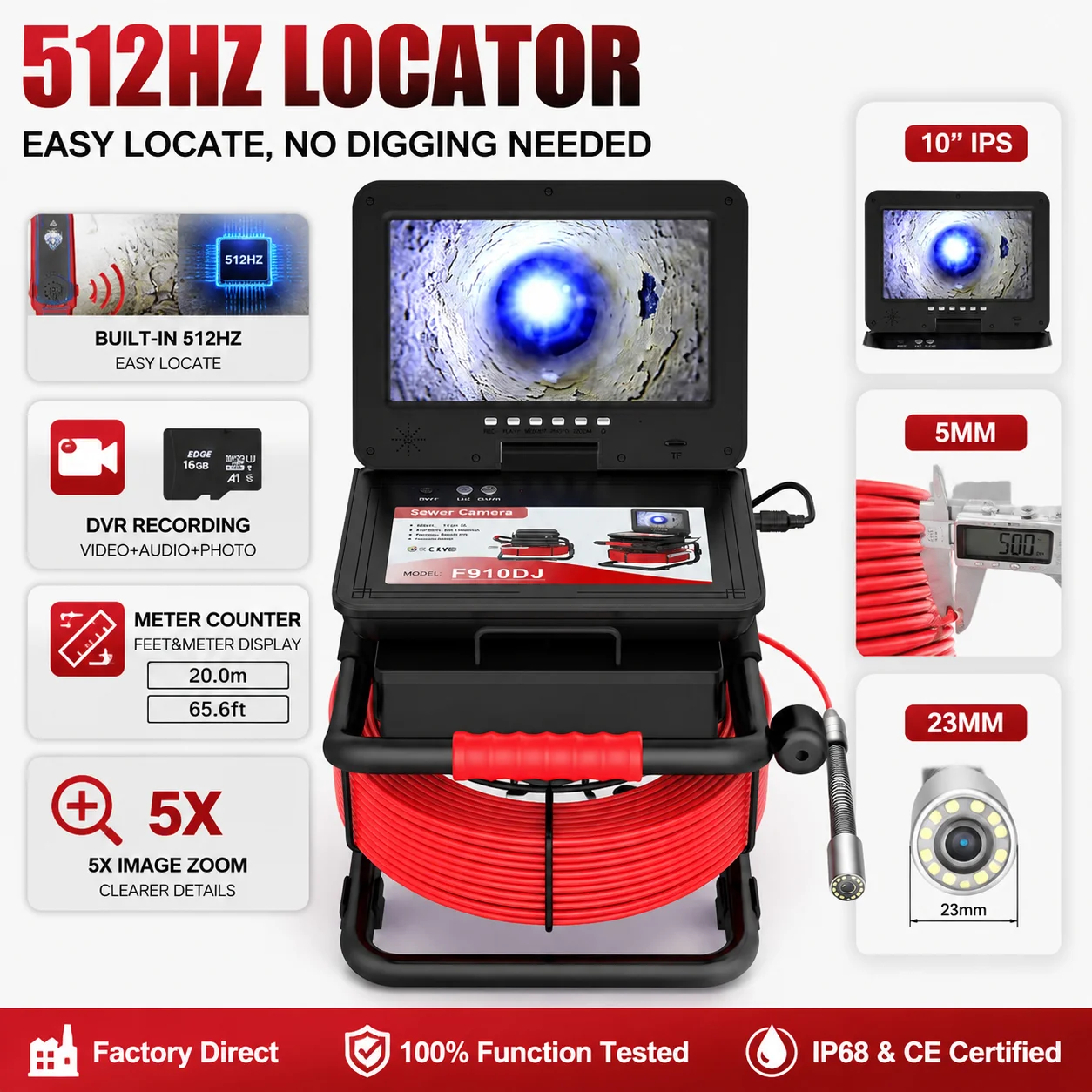 

10Inch Sewer Camera with 1080P Ips Screen 5mm Fiberglass Cable, 512Hz Locator Meter Counter for Pipe and Drain Inspection