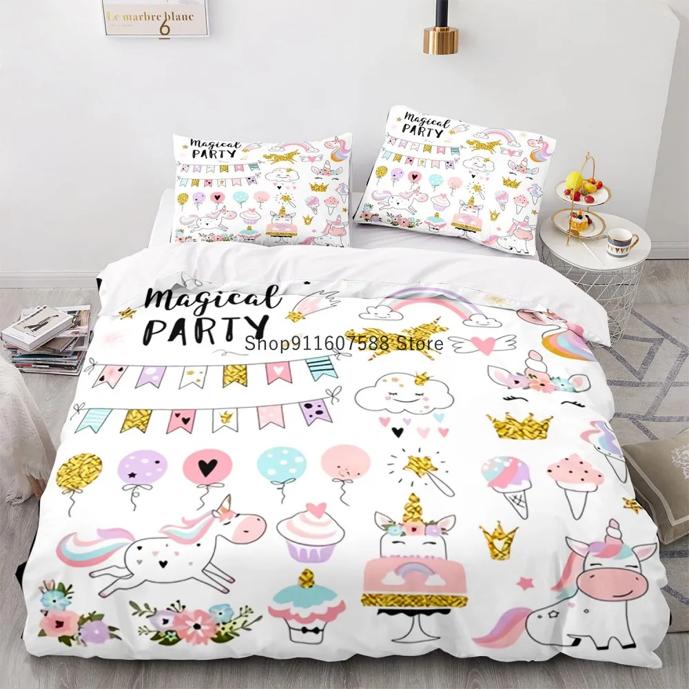 

Cute Unicorn Duvet Cover Sets Kawaii Quilt Cover Pillowcases Kids Girl Bedding Set Queen King Full Size Custom Comforter Cover