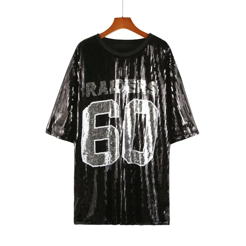 

Summer Straight Sequins Streetwear Digit Letter Short Sleeve T-Shirt Round Neck Hip Hop Night Club Fashion Black Women Top