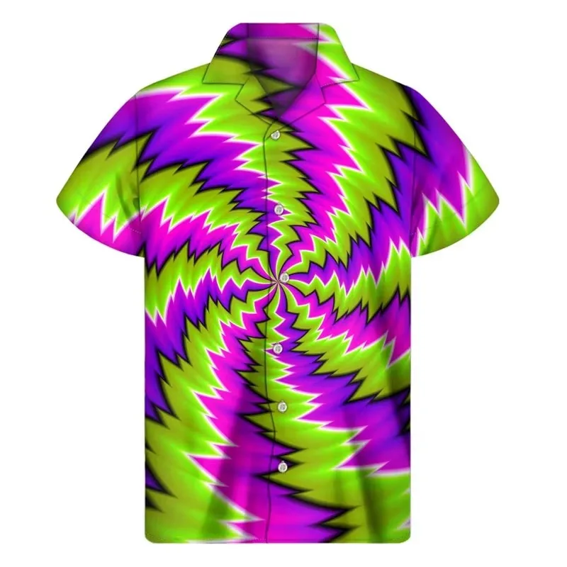 3D Print Colorful Dizzy Moving Optical Illusion Pattern Hawaii Shirts Mens Short Sleeve Plus Size Beach Shirts Blouse Clothes