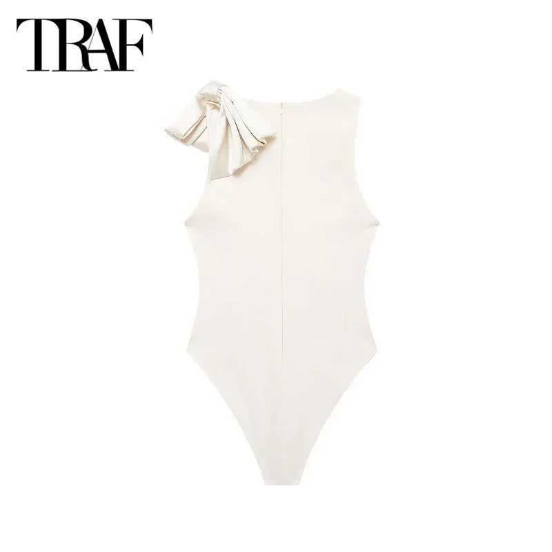 TRAF Women Bodysuits 2024 Summer Butterfly Sleeveless Bodysuit Sexy Elegant Ladies Fashion Casual Beach Beige Bodysuit For Women