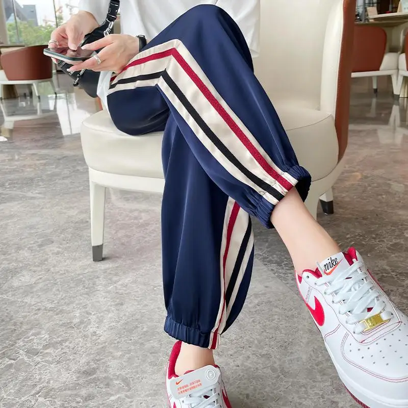 Streetwear Design Casual Ice Silk All-match Sports Pants for Women 2023 New Korean Women's Clothes Harem Tie Feet Trousers