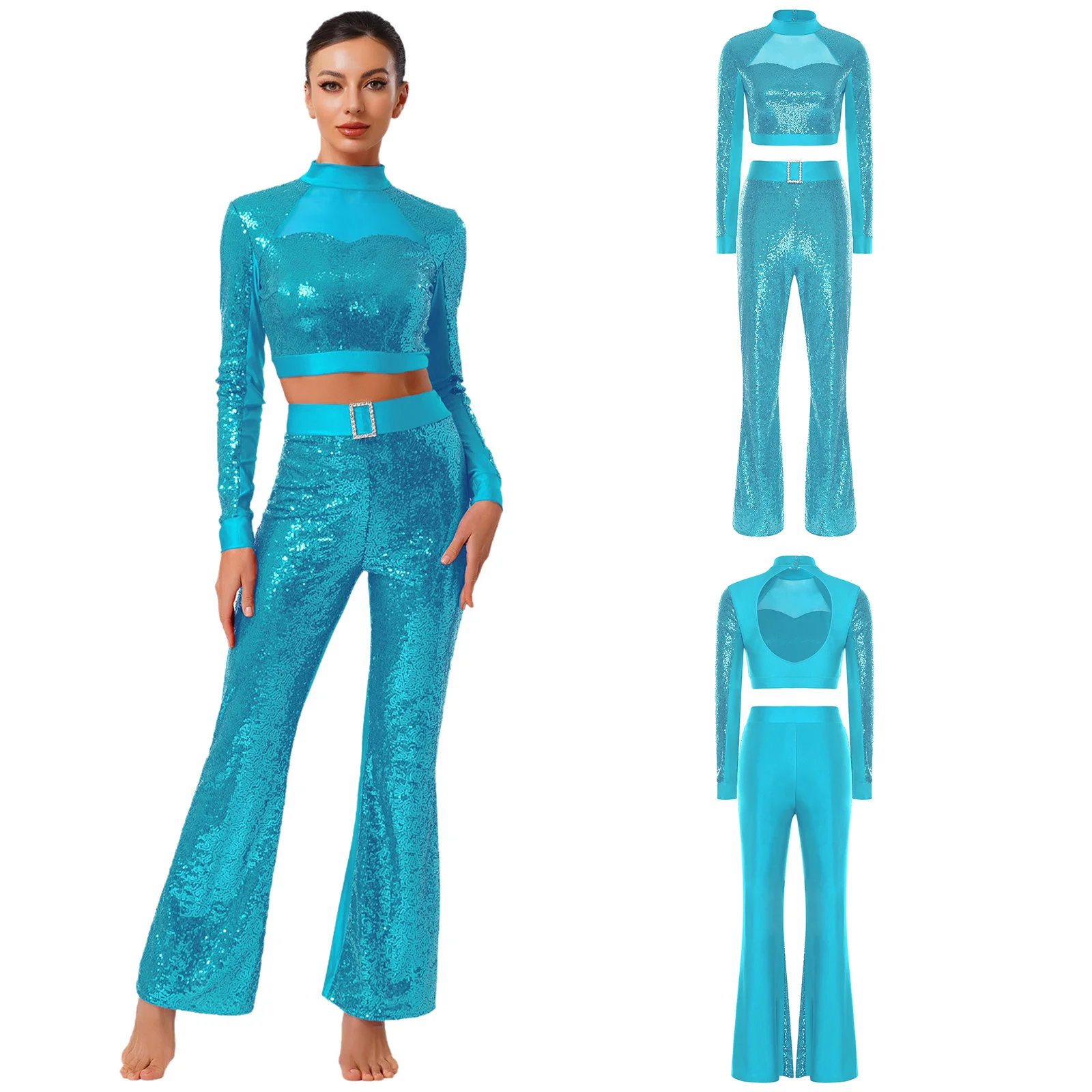 Womens Sequined Elegant Design Jazz Dance Outfit Long Sleeve Crop Tops And High Waist Flared Pants Modern Latin Jazz Dancewear