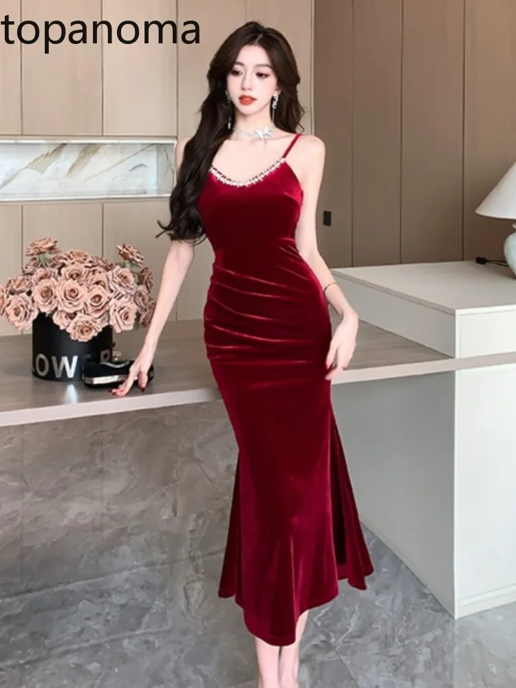 Topanoma Cocktail Dresses Women Velvet Rhinestone V Neck Sleeveless Slim Backless Velvet Evening Dress Banquet Wedding Party