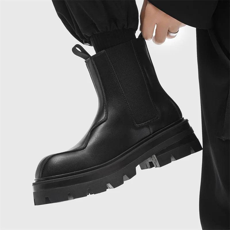 men\'s casual natural leather boots black trendy platform shoes brand designer cowboy chunky boot handsome high chelsea botas man