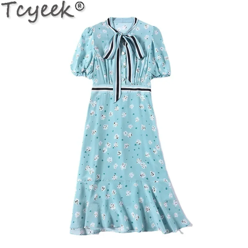 100% Tcyeek Real Mulberry Silk Fashion Summer es 2024 Elegant es for Women Clothes Floral Party Dress Mid-length