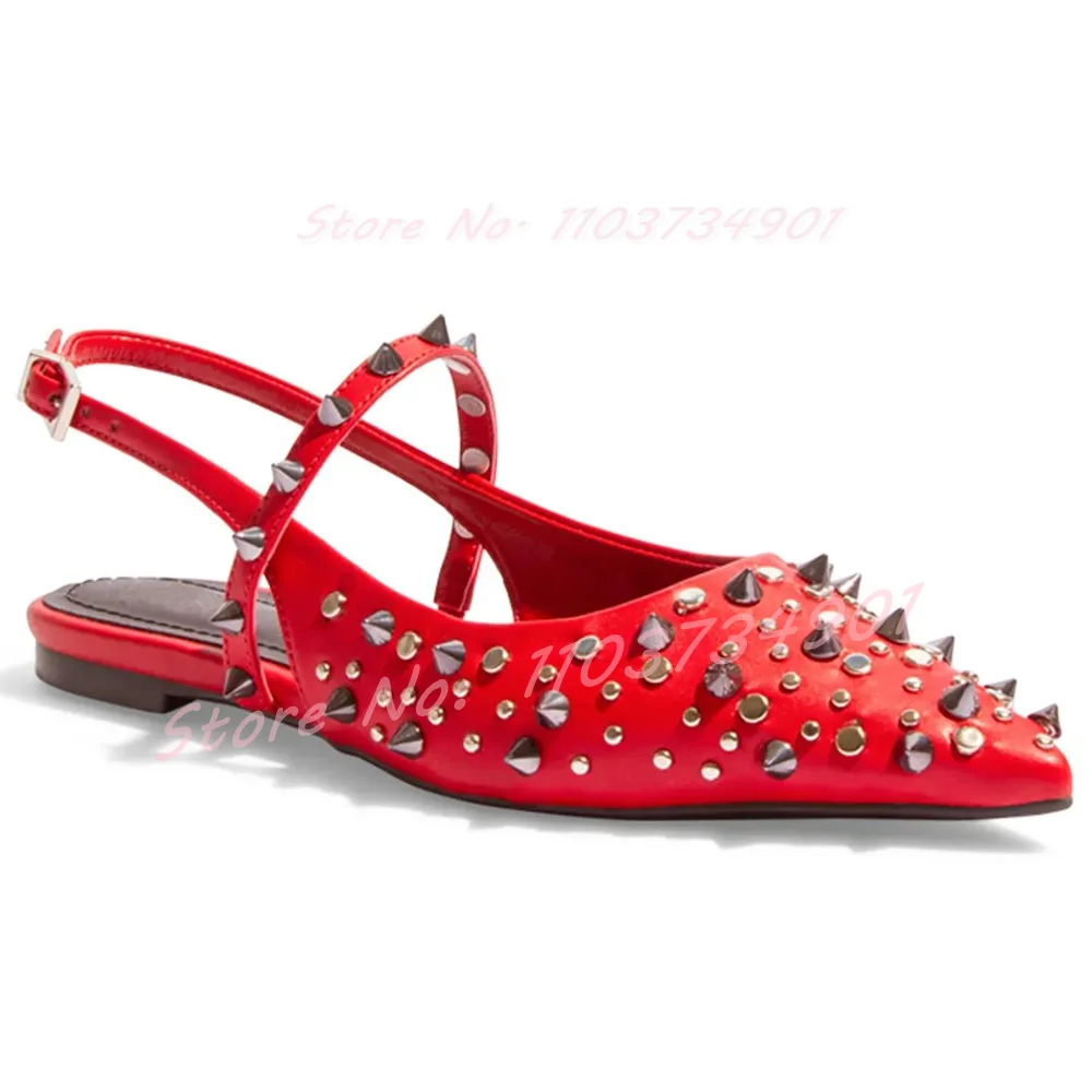 Rivets Pointy Toe Flat Sandals Women Party Sexy Nightclub Ankle Strap Slingback Shoes Lady Fashion Elegant Casual Big Size Shoes