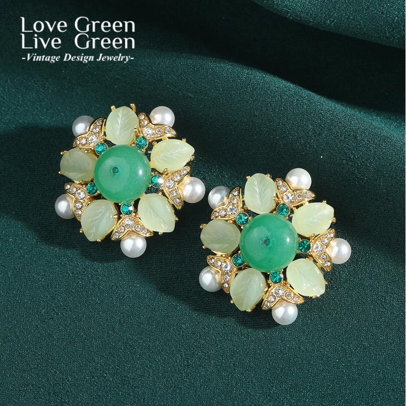 

Vintage Hotan Jade Green Leaf Disc Stud Earring Flower Pearl Gold Color Rhinestone For Woman Accessories Luxury Jewelry Wedding