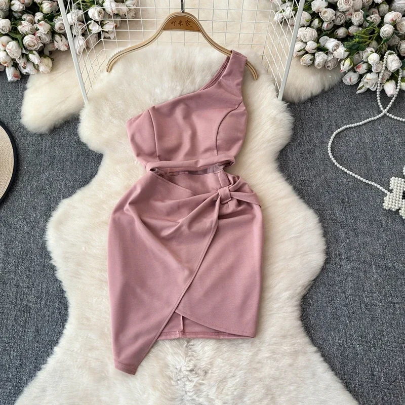 Foamlina Sexy Backless Sloping Collar Short Drss Girl's Fashion Single Shoulder Suspender Waist Tight Fitting Dress Summer