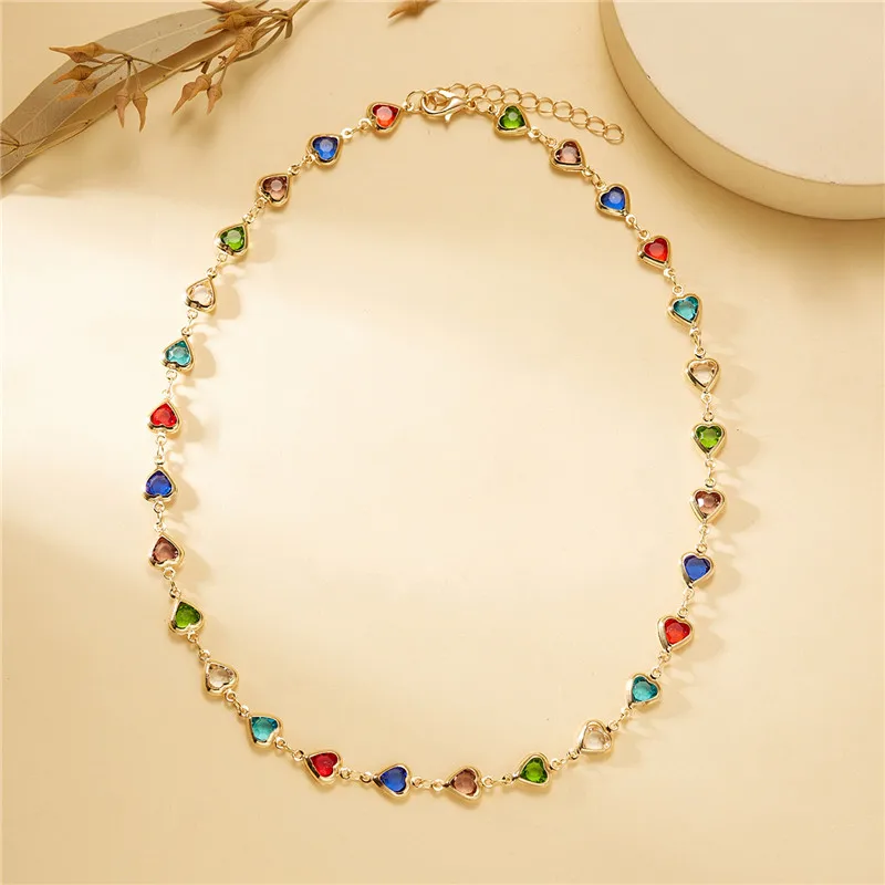 Exquisite Colorful Crystal Heart Choker Necklace For Women Charm Korean Zircon Metal Chain Necklace Party Birthday Jewelry Gift