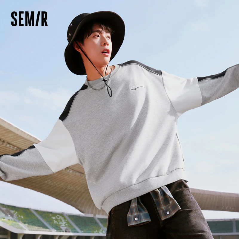 Semir Men Sweatshirt Autumn New Oversize Multi-color Stitching Fashion Personality Exquisite Embroidery Pullover Top for Men