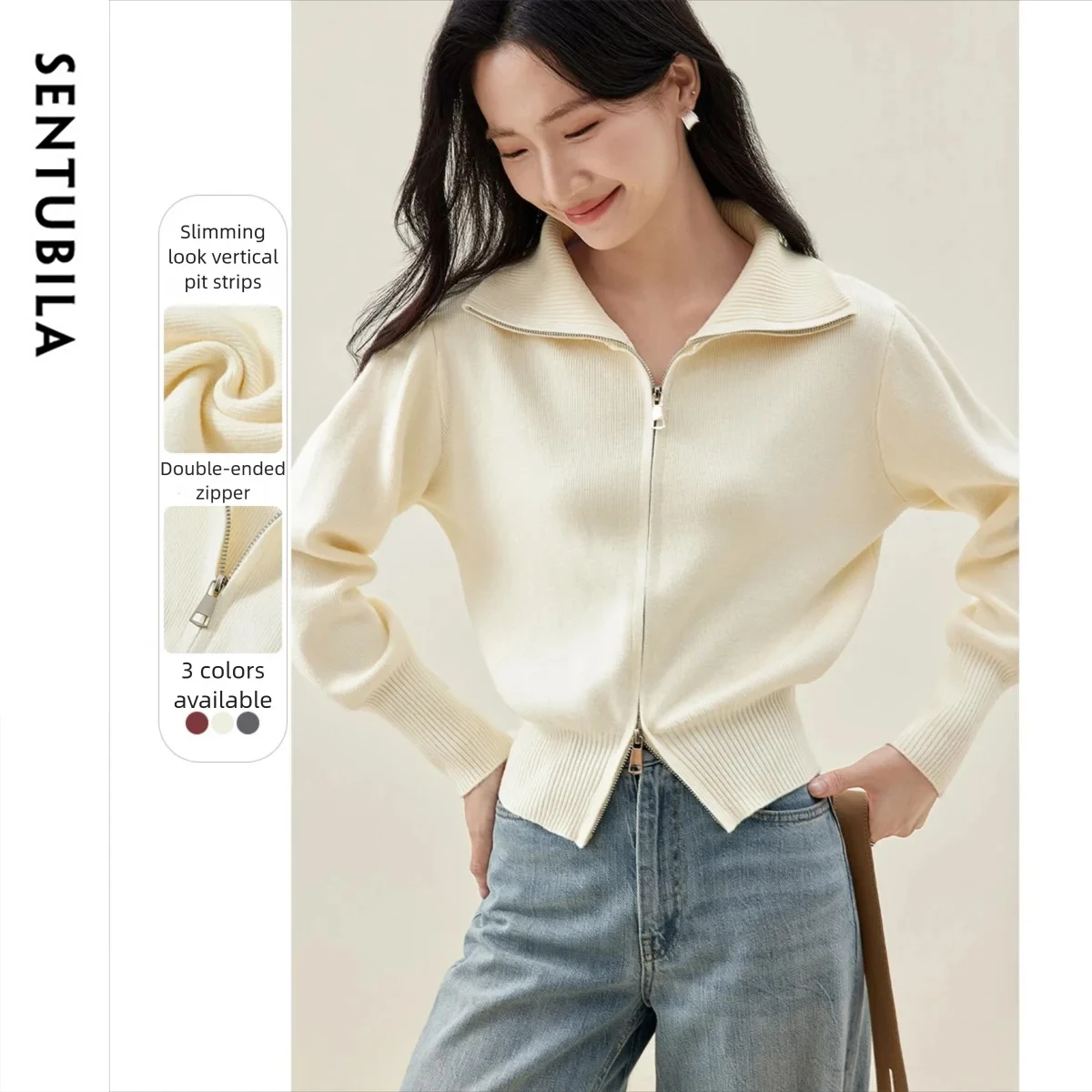 

SENTUBILA Spring Cardigan Woman 2025 New Office Lady Turn Down Collar Long Sleeve Zipper Knitwear Female Clothing W51E58698